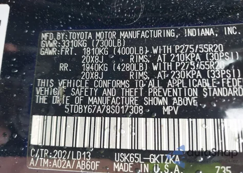 2008 Toyota Sequoia Platinum 5.7L V8 z USA, uszkodzony, nr VIN 5TDBY67A78S017308